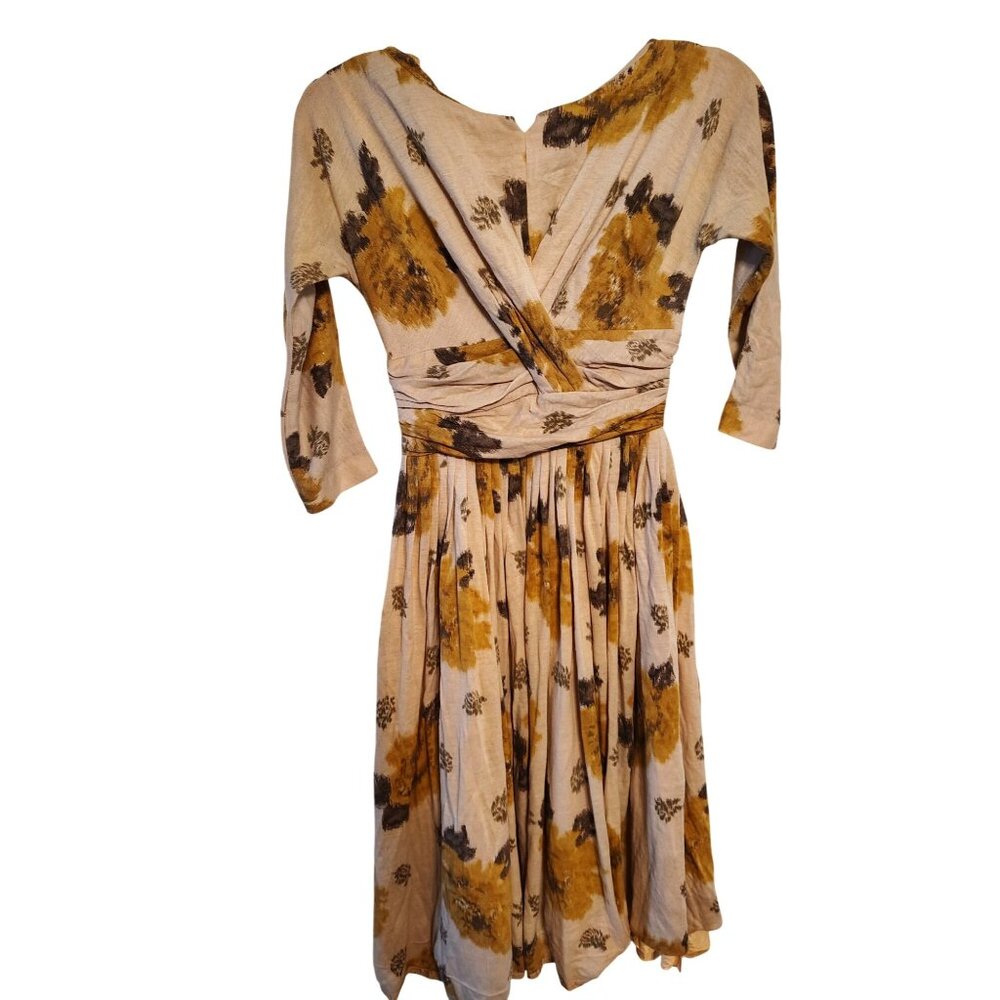 Vintage Carol Craig 1940's Small XS Dress, Ruched Waist, Gold Tone Floral, READ
